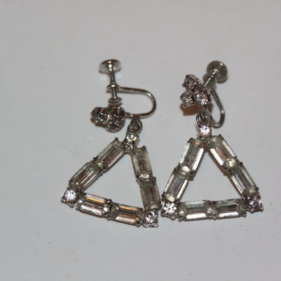 Vintage WEISS rhinestone baguette triangles dangle Screw Back earrings SIGNED - Picture 3 of 3